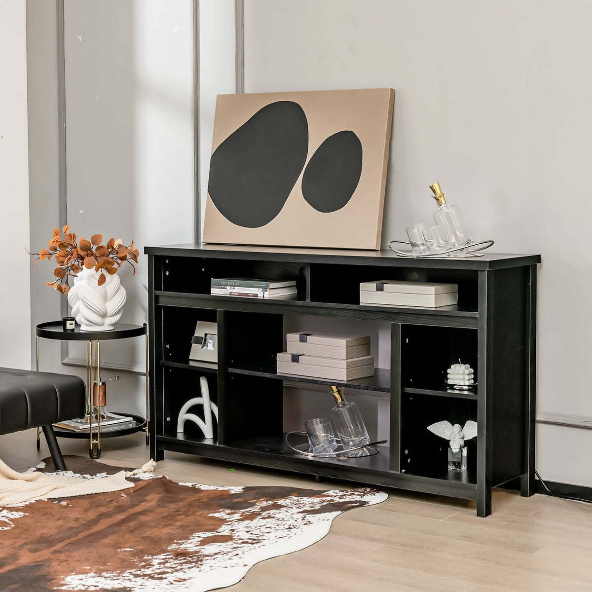 58 Inch TV Stand Entertainment Console Center with Adjustable Open Shelves-Black-Entertainment Centers & TV Stands-DECOROLALA