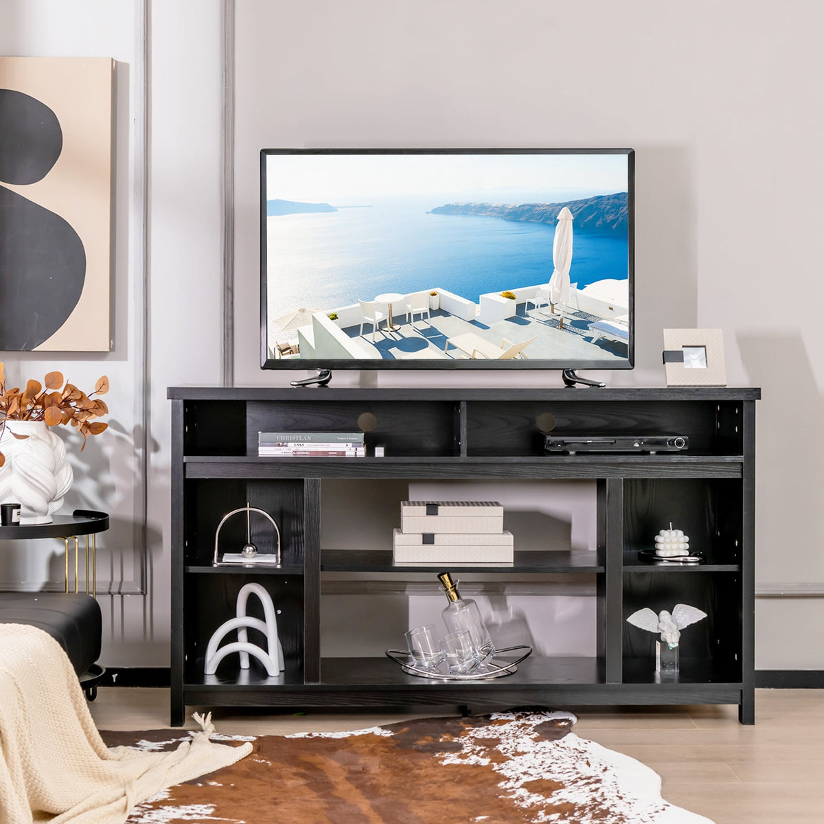 58 Inch TV Stand Entertainment Console Center with Adjustable Open Shelves-Black-Entertainment Centers & TV Stands-DECOROLALA