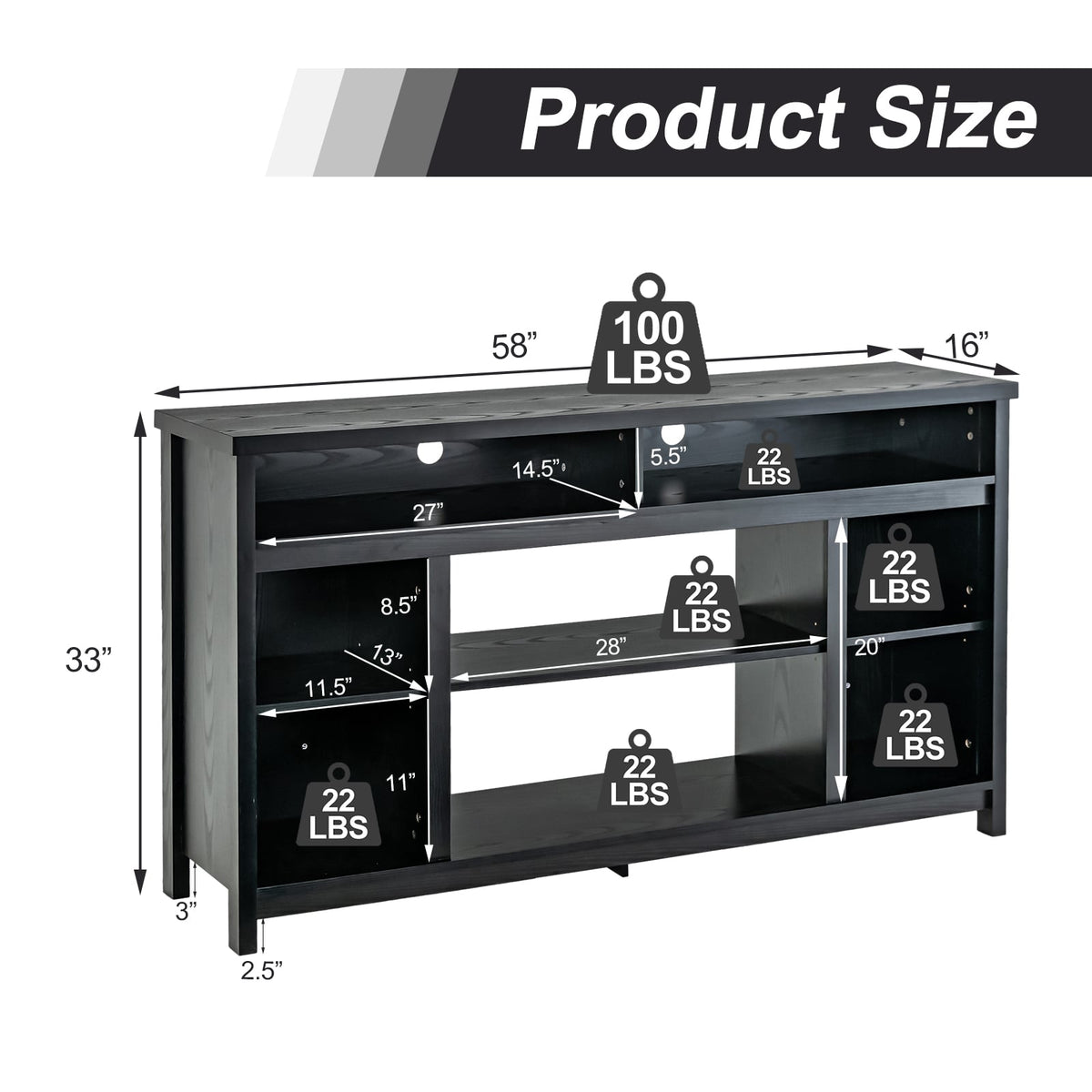 58 Inch TV Stand Entertainment Console Center with Adjustable Open Shelves-Black-Entertainment Centers & TV Stands-DECOROLALA