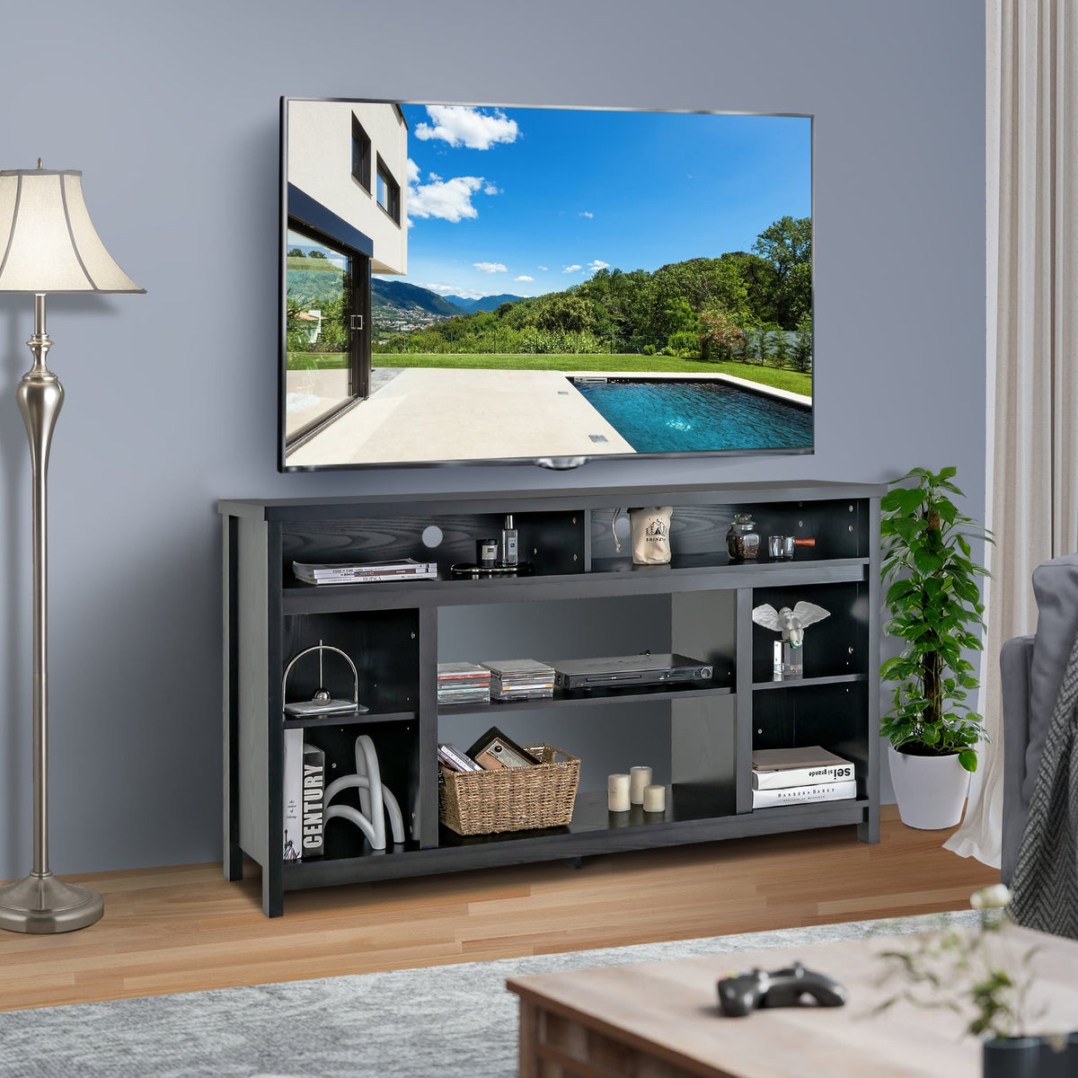 58 Inch TV Stand Entertainment Console Center with Adjustable Open Shelves-Black-Entertainment Centers & TV Stands-DECOROLALA