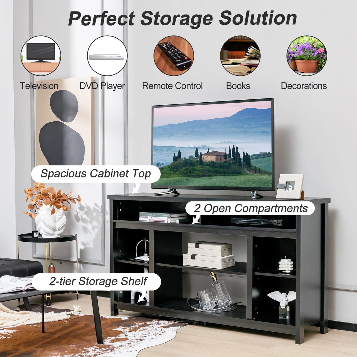 58 Inch TV Stand Entertainment Console Center with Adjustable Open Shelves-Black-Entertainment Centers & TV Stands-DECOROLALA