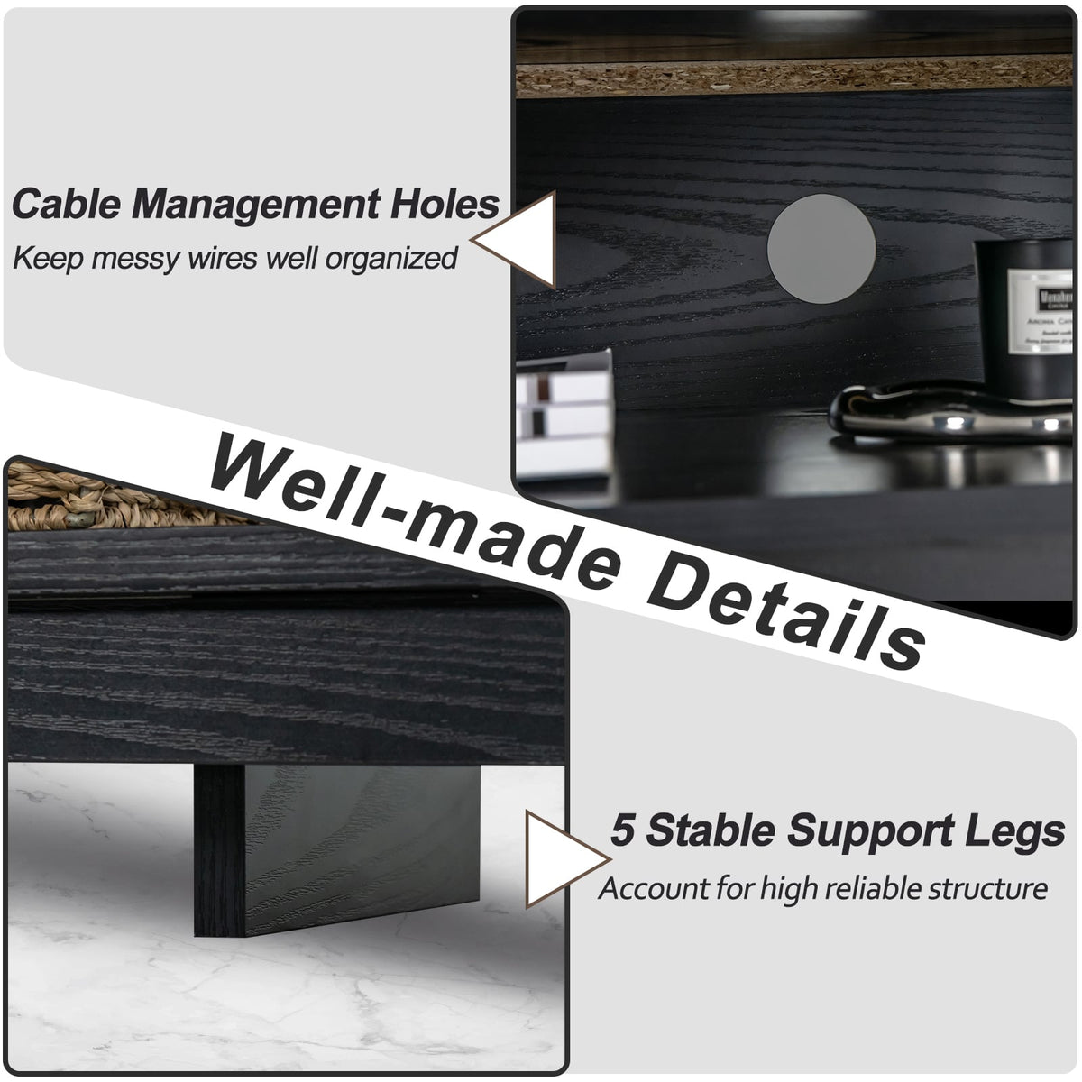 58 Inch TV Stand Entertainment Console Center with Adjustable Open Shelves-Black-Entertainment Centers & TV Stands-DECOROLALA