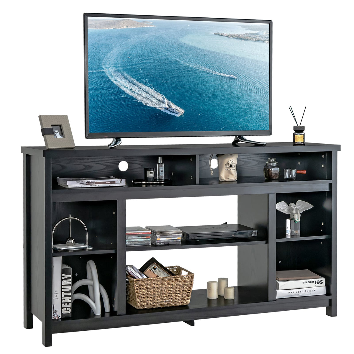 58 Inch TV Stand Entertainment Console Center with Adjustable Open Shelves-Black-Entertainment Centers & TV Stands-DECOROLALA
