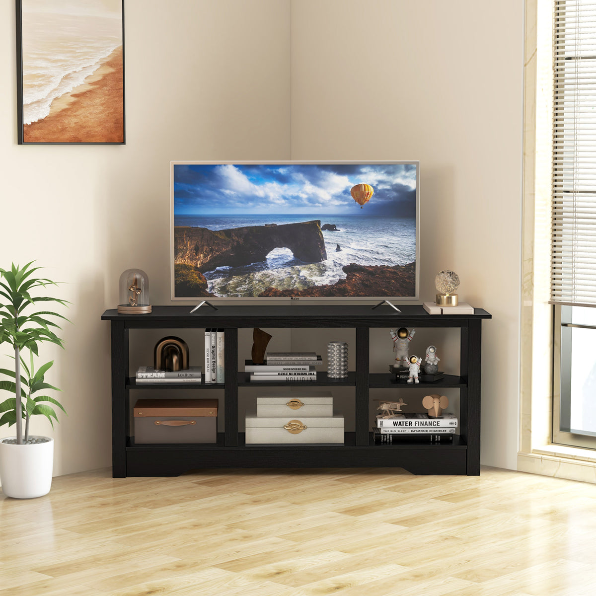 58 Inch TV Stand with 6 Open Storage Shelves for TVs up to 65 Inches-Black-Entertainment Centers & TV Stands-DECOROLALA