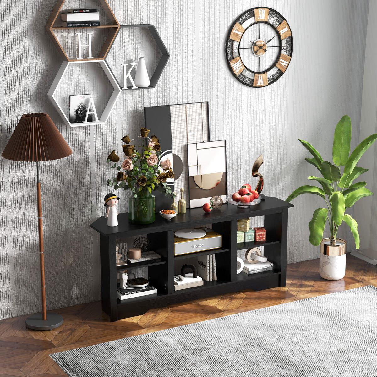 58 Inch TV Stand with 6 Open Storage Shelves for TVs up to 65 Inches-Black-Entertainment Centers & TV Stands-DECOROLALA