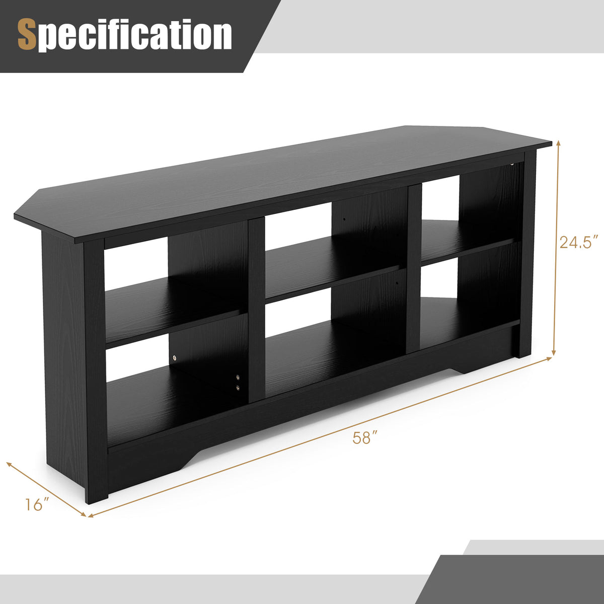 58 Inch TV Stand with 6 Open Storage Shelves for TVs up to 65 Inches-Black-Entertainment Centers & TV Stands-DECOROLALA