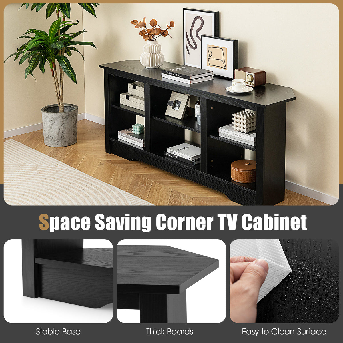58 Inch TV Stand with 6 Open Storage Shelves for TVs up to 65 Inches-Black-Entertainment Centers & TV Stands-DECOROLALA