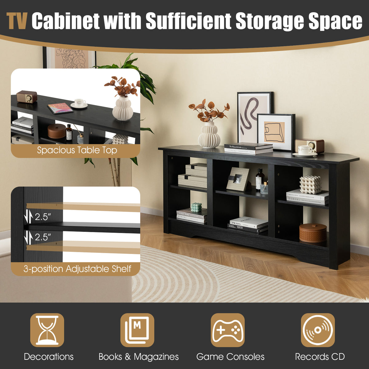 58 Inch TV Stand with 6 Open Storage Shelves for TVs up to 65 Inches-Black-Entertainment Centers & TV Stands-DECOROLALA
