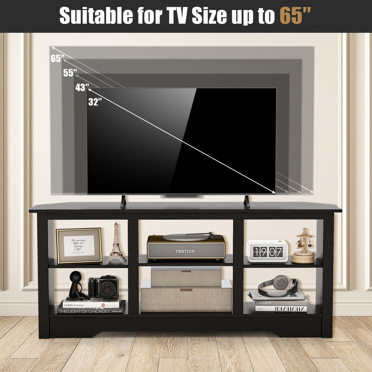 58 Inch TV Stand with 6 Open Storage Shelves for TVs up to 65 Inches-Black-Entertainment Centers & TV Stands-DECOROLALA