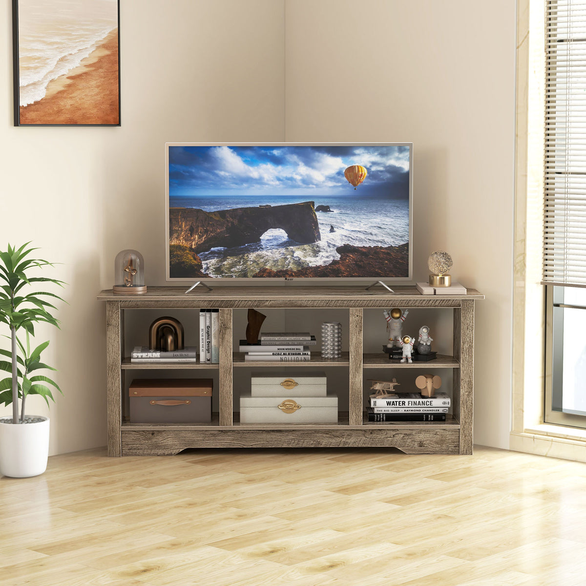 58 Inch TV Stand with 6 Open Storage Shelves for TVs up to 65 Inches-Gray-Entertainment Centers & TV Stands-DECOROLALA