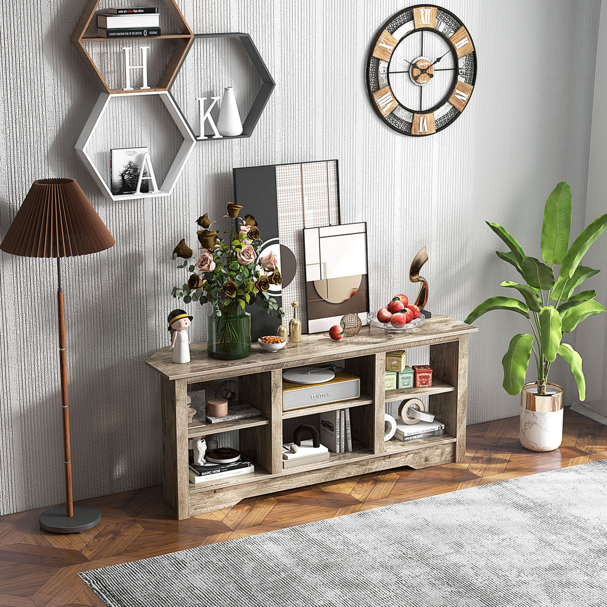 58 Inch TV Stand with 6 Open Storage Shelves for TVs up to 65 Inches-Gray-Entertainment Centers & TV Stands-DECOROLALA