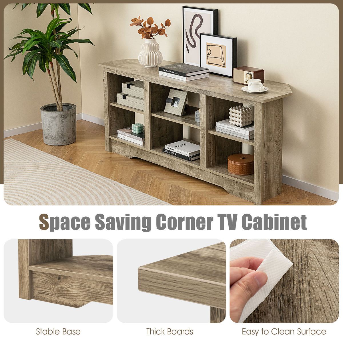 58 Inch TV Stand with 6 Open Storage Shelves for TVs up to 65 Inches-Gray-Entertainment Centers & TV Stands-DECOROLALA