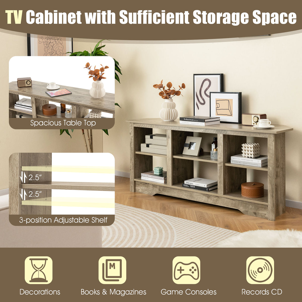 58 Inch TV Stand with 6 Open Storage Shelves for TVs up to 65 Inches-Gray-Entertainment Centers & TV Stands-DECOROLALA