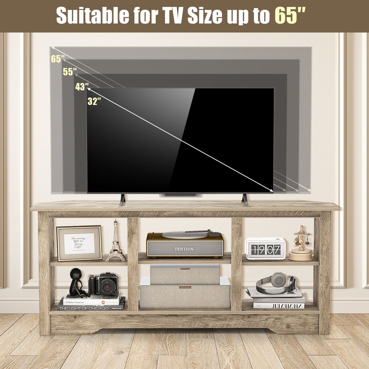 58 Inch TV Stand with 6 Open Storage Shelves for TVs up to 65 Inches-Gray-Entertainment Centers & TV Stands-DECOROLALA
