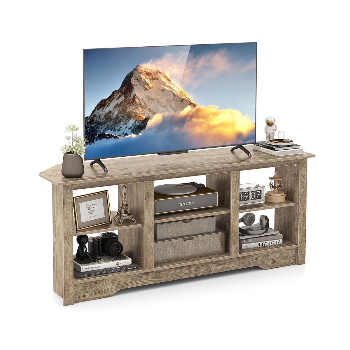 58 Inch TV Stand with 6 Open Storage Shelves for TVs up to 65 Inches-Gray-Entertainment Centers & TV Stands-DECOROLALA