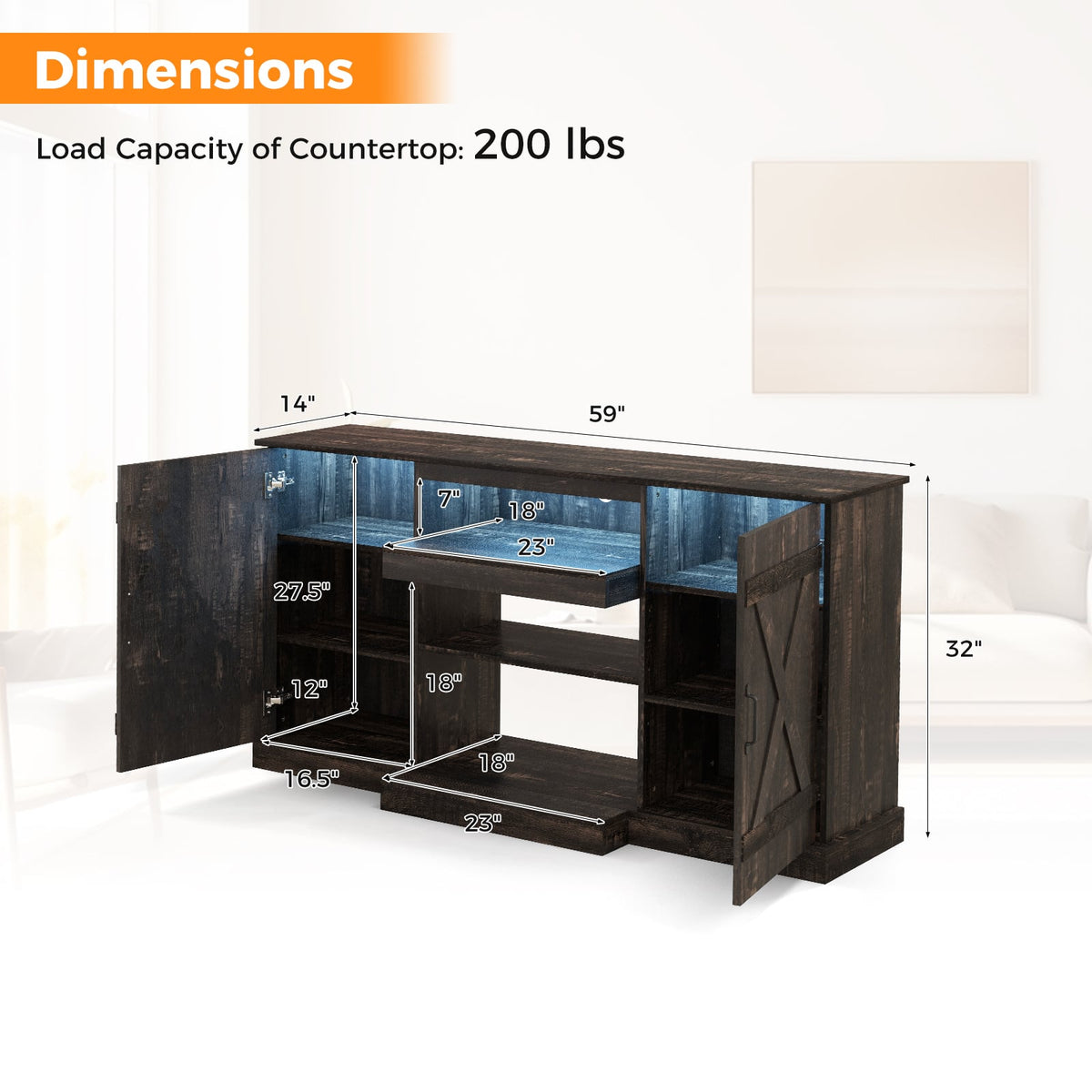 58 Inches TV stand for TVs up to 65 Inches with 20 Color Led Lights-Coffee-Entertainment Centers & TV Stands-DECOROLALA