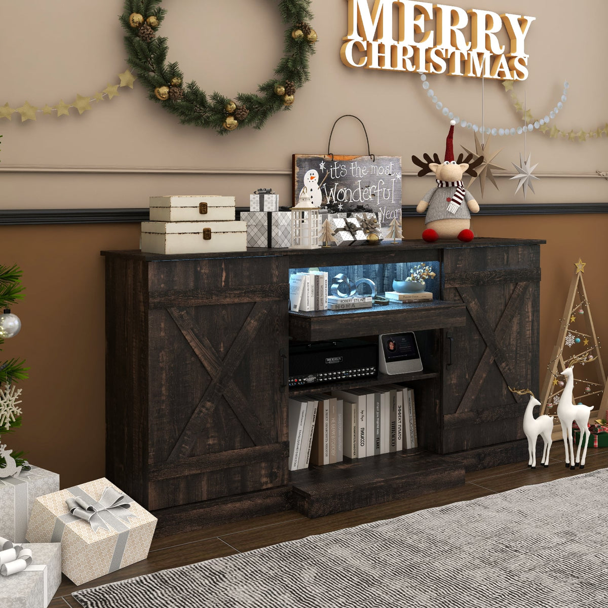 58 Inches TV stand for TVs up to 65 Inches with 20 Color Led Lights-Coffee-Entertainment Centers & TV Stands-DECOROLALA
