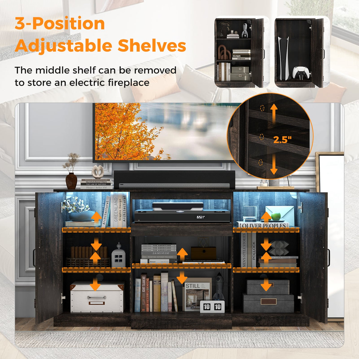 58 Inches TV stand for TVs up to 65 Inches with 20 Color Led Lights-Coffee-Entertainment Centers & TV Stands-DECOROLALA