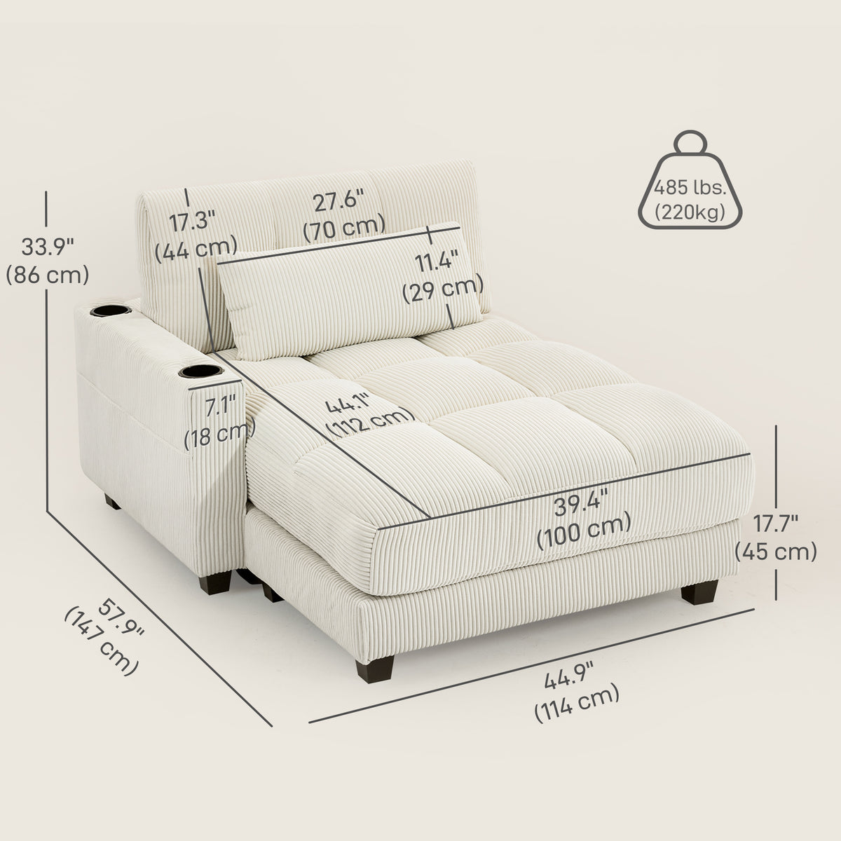 58" Indoor Chaise Lounge - Cream White Corduroy Sleeper-Sofas & Recliners-DECOROLALA