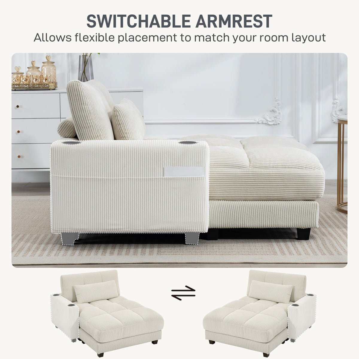 58" Indoor Chaise Lounge - Cream White Corduroy Sleeper-Sofas & Recliners-DECOROLALA