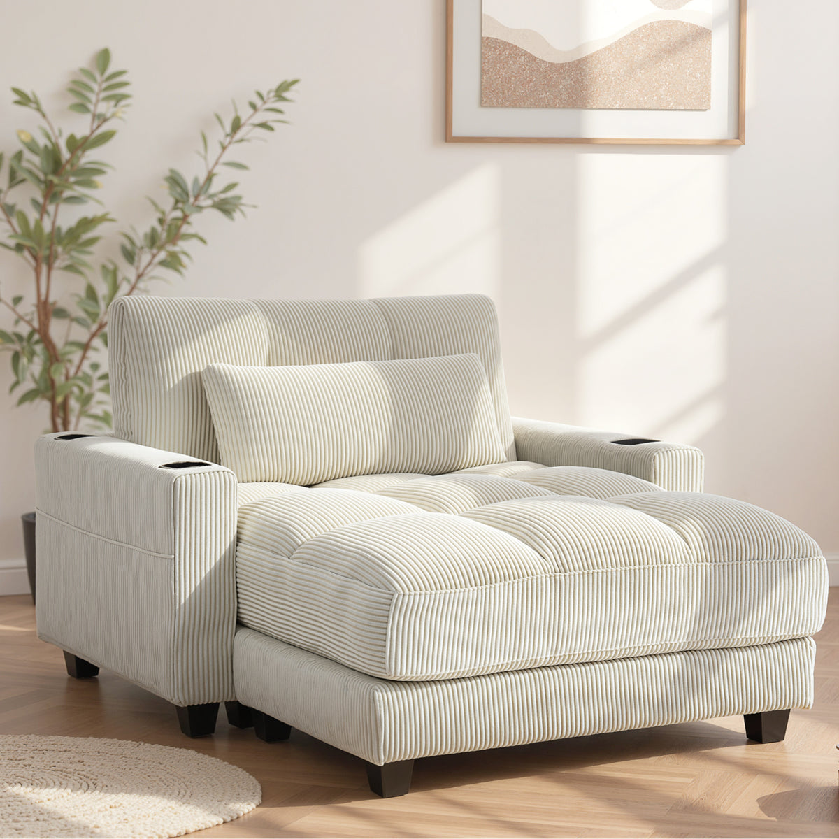 58" Indoor Chaise Lounge - Cream White Corduroy Sleeper-Sofas & Recliners-DECOROLALA