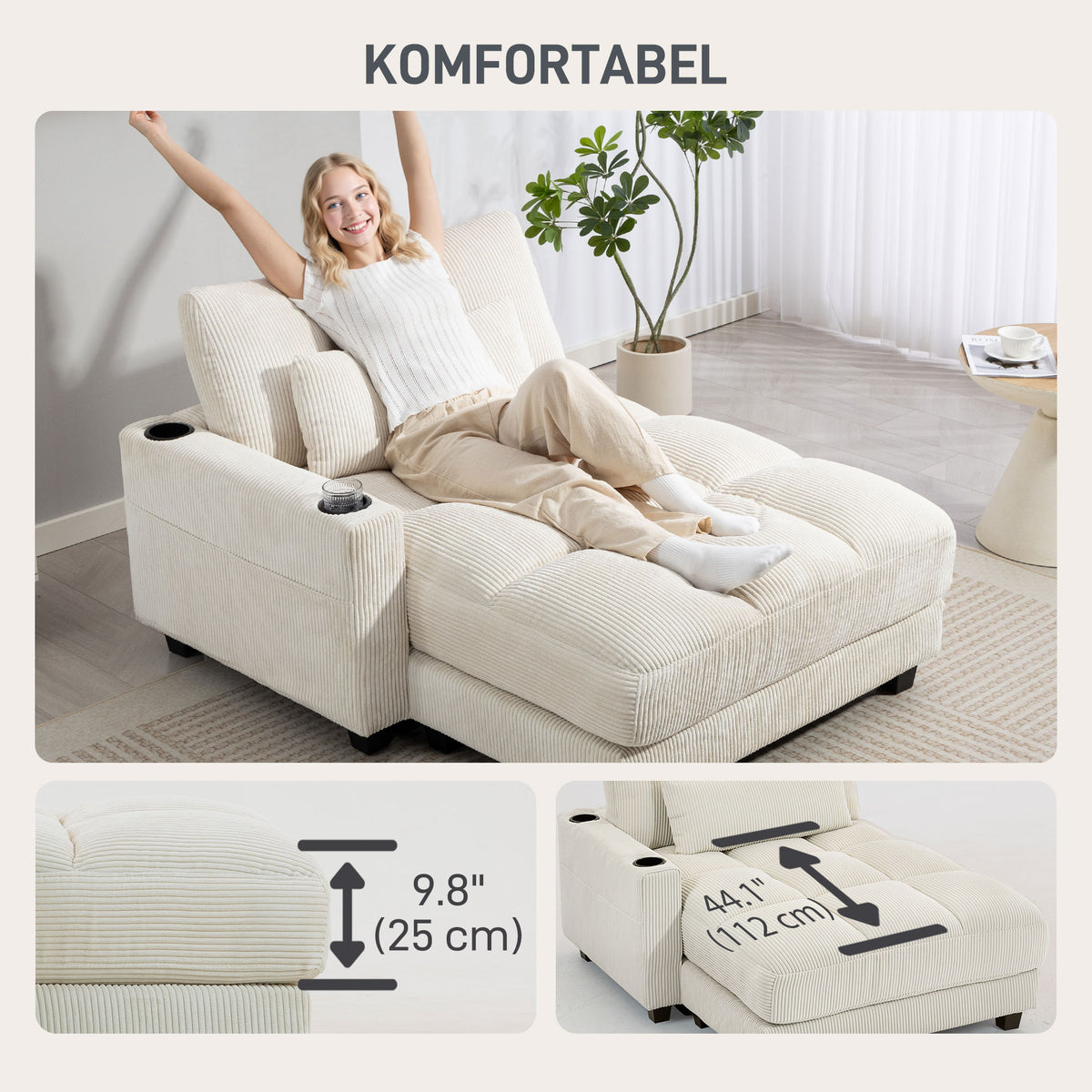 58" Indoor Chaise Lounge - Cream White Corduroy Sleeper-Sofas & Recliners-DECOROLALA