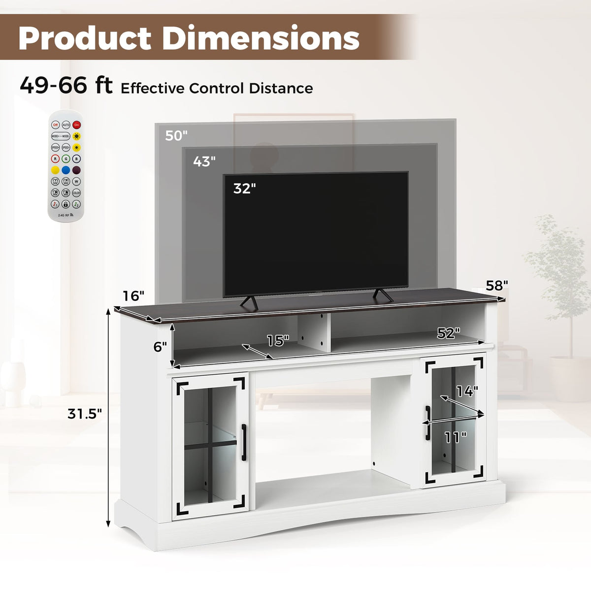 58" LED TV Stand with Remote Control - White-Entertainment Centers & TV Stands-DECOROLALA