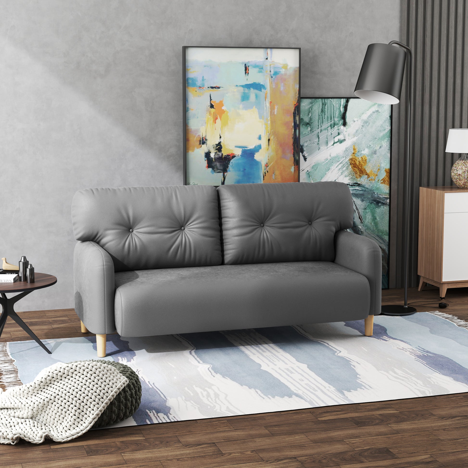 58" Modern 2 Seat Sofa - Grey Microfiber Upholstery Solid Wood Frame-DECOROLALA