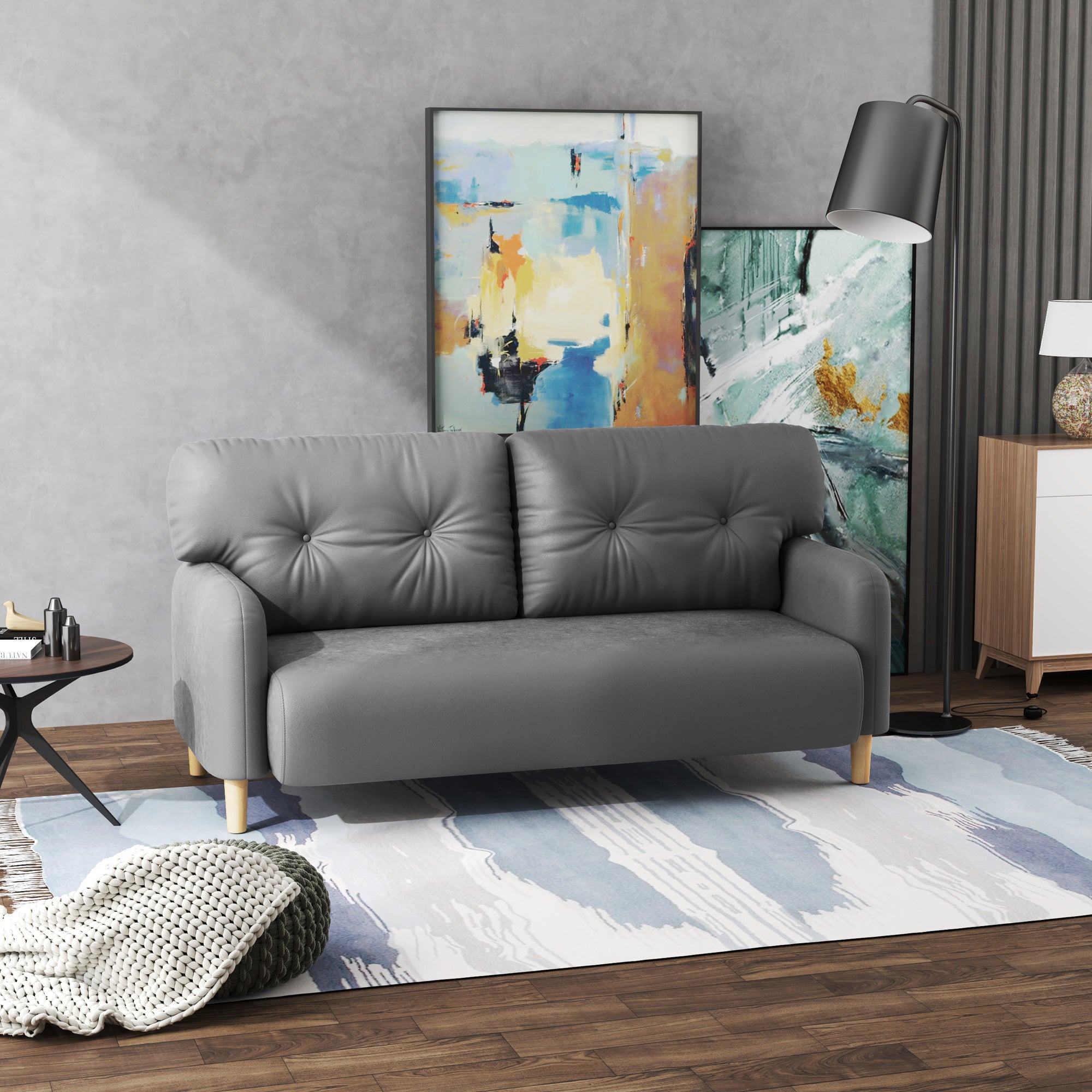 58" Modern 2 Seat Sofa - Grey Microfiber Upholstery Solid Wood Frame-DECOROLALA