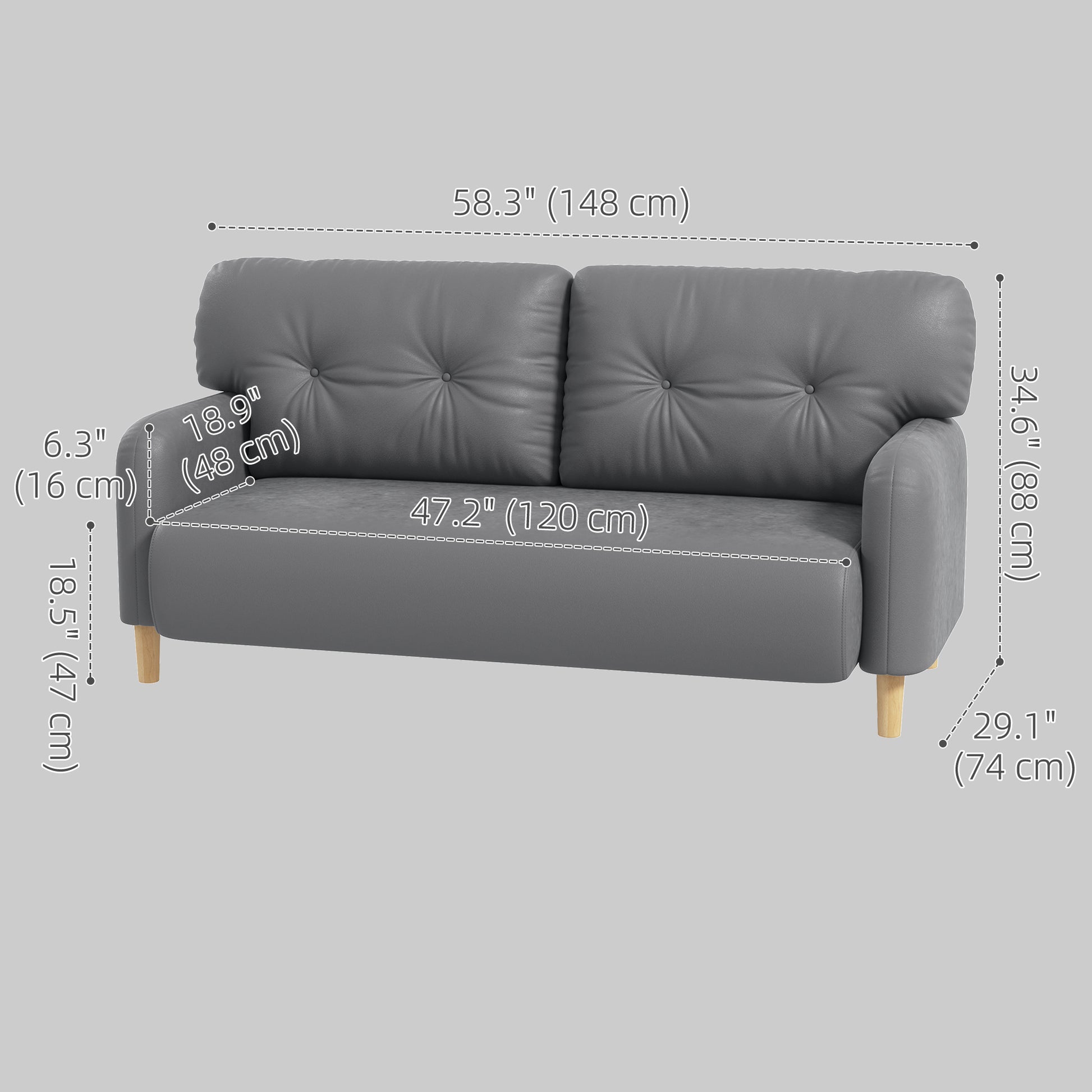 58" Modern 2 Seat Sofa - Grey Microfiber Upholstery Solid Wood Frame-DECOROLALA