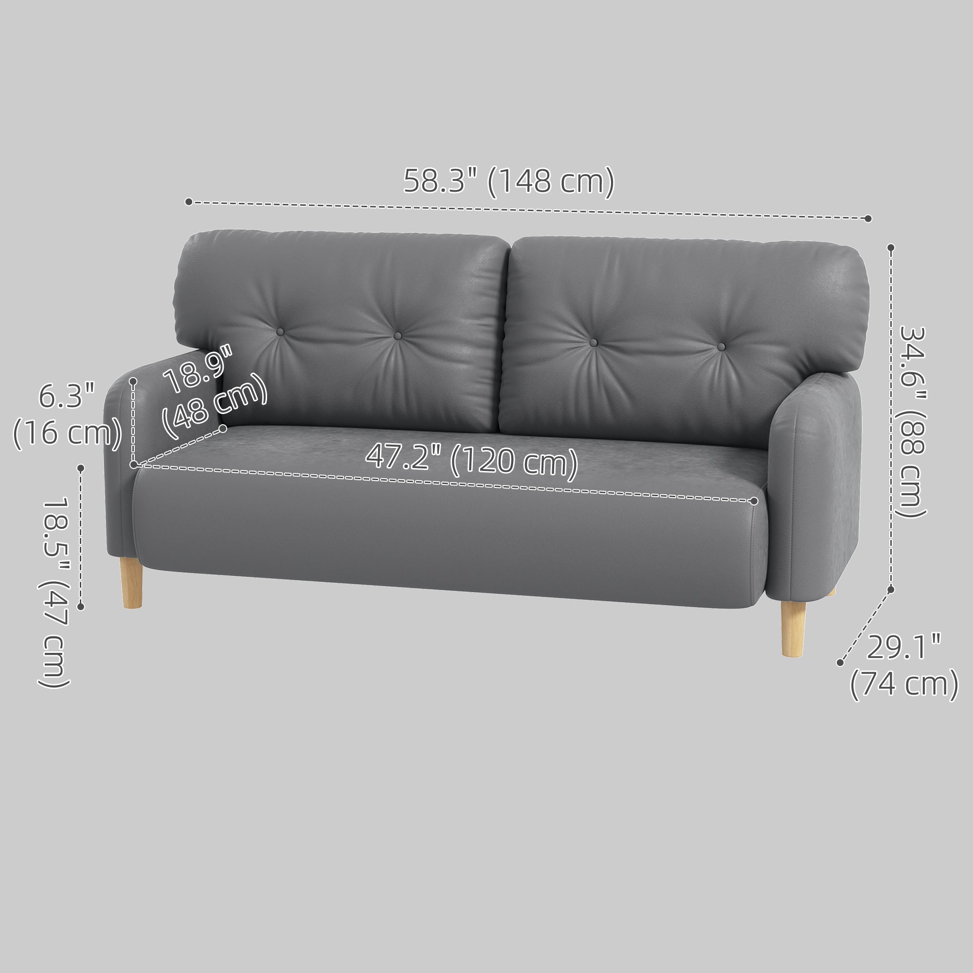 58" Modern 2 Seat Sofa - Grey Microfiber Upholstery Solid Wood Frame-DECOROLALA