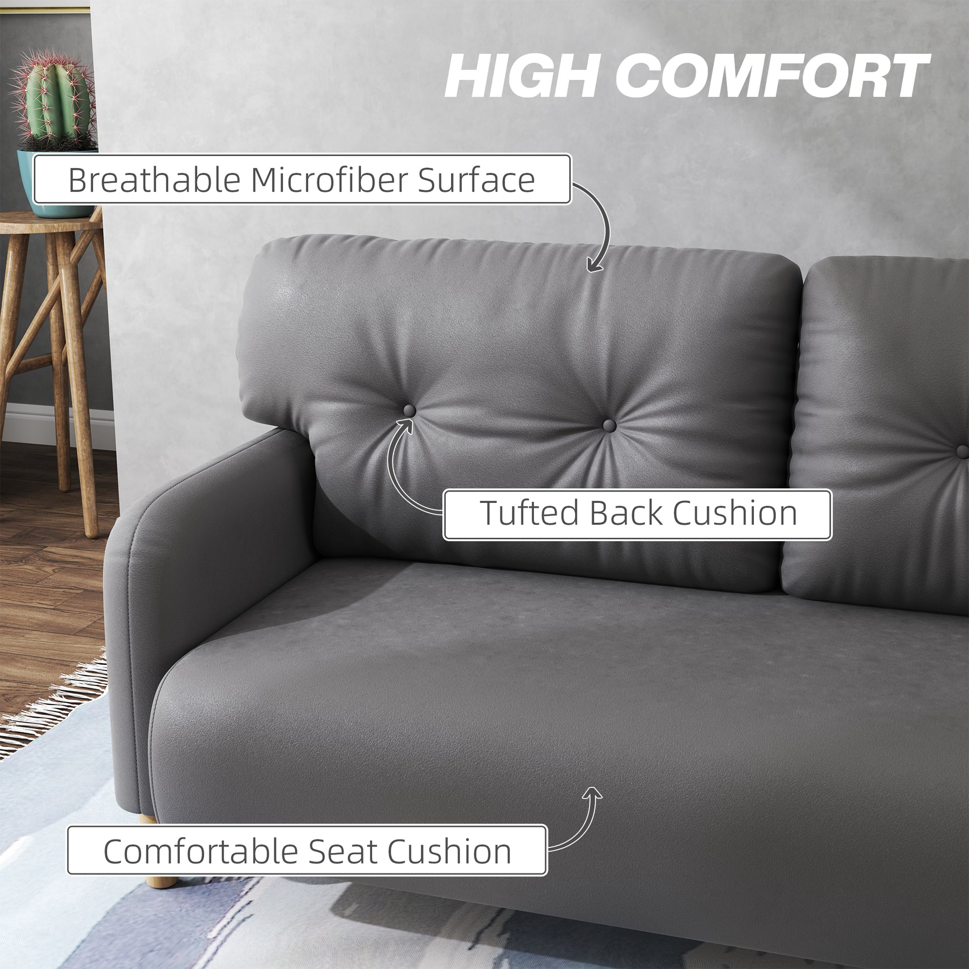 58" Modern 2 Seat Sofa - Grey Microfiber Upholstery Solid Wood Frame-DECOROLALA