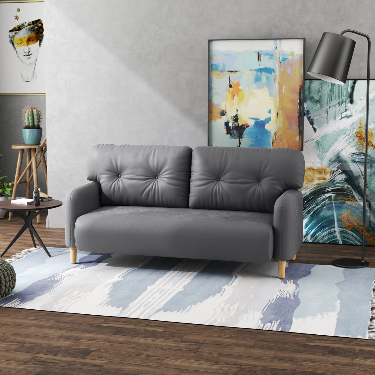 58" Modern 2 Seat Sofa - Grey Microfiber Upholstery Solid Wood Frame-DECOROLALA