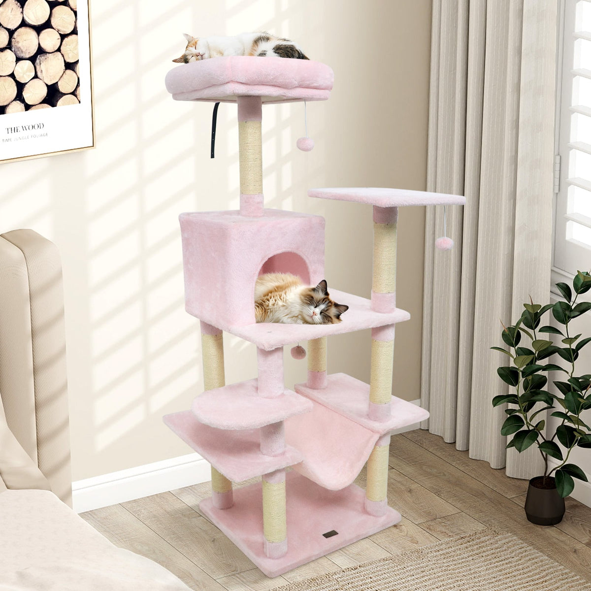 58" Multi-Level Cat Tree Soft Plush Cat Tower with Padded Top Perch-Pink-Cat Trees & Scratchers-DECOROLALA