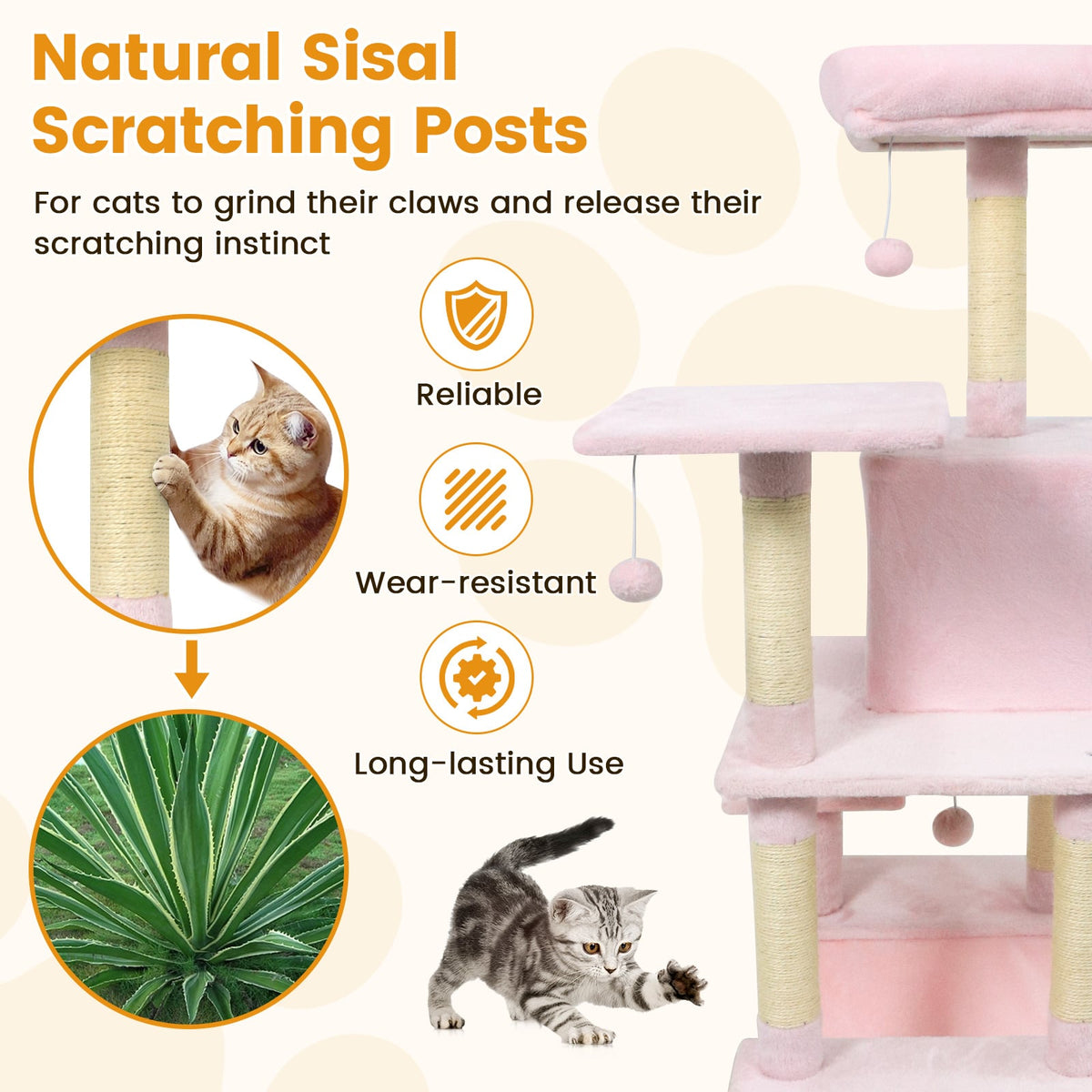 58" Multi-Level Cat Tree Soft Plush Cat Tower with Padded Top Perch-Pink-Cat Trees & Scratchers-DECOROLALA
