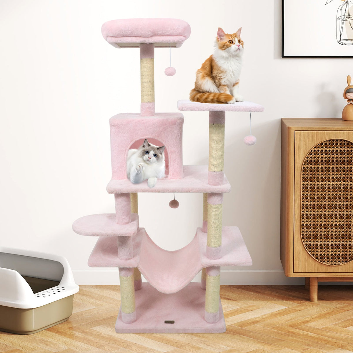 58" Multi-Level Cat Tree Soft Plush Cat Tower with Padded Top Perch-Pink-Cat Trees & Scratchers-DECOROLALA