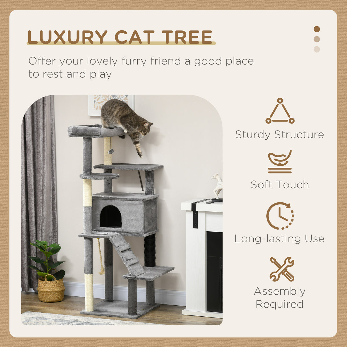 58" Multi-Level Cat Tree with Scratching Posts & Bed - Grey-Cats-DECOROLALA
