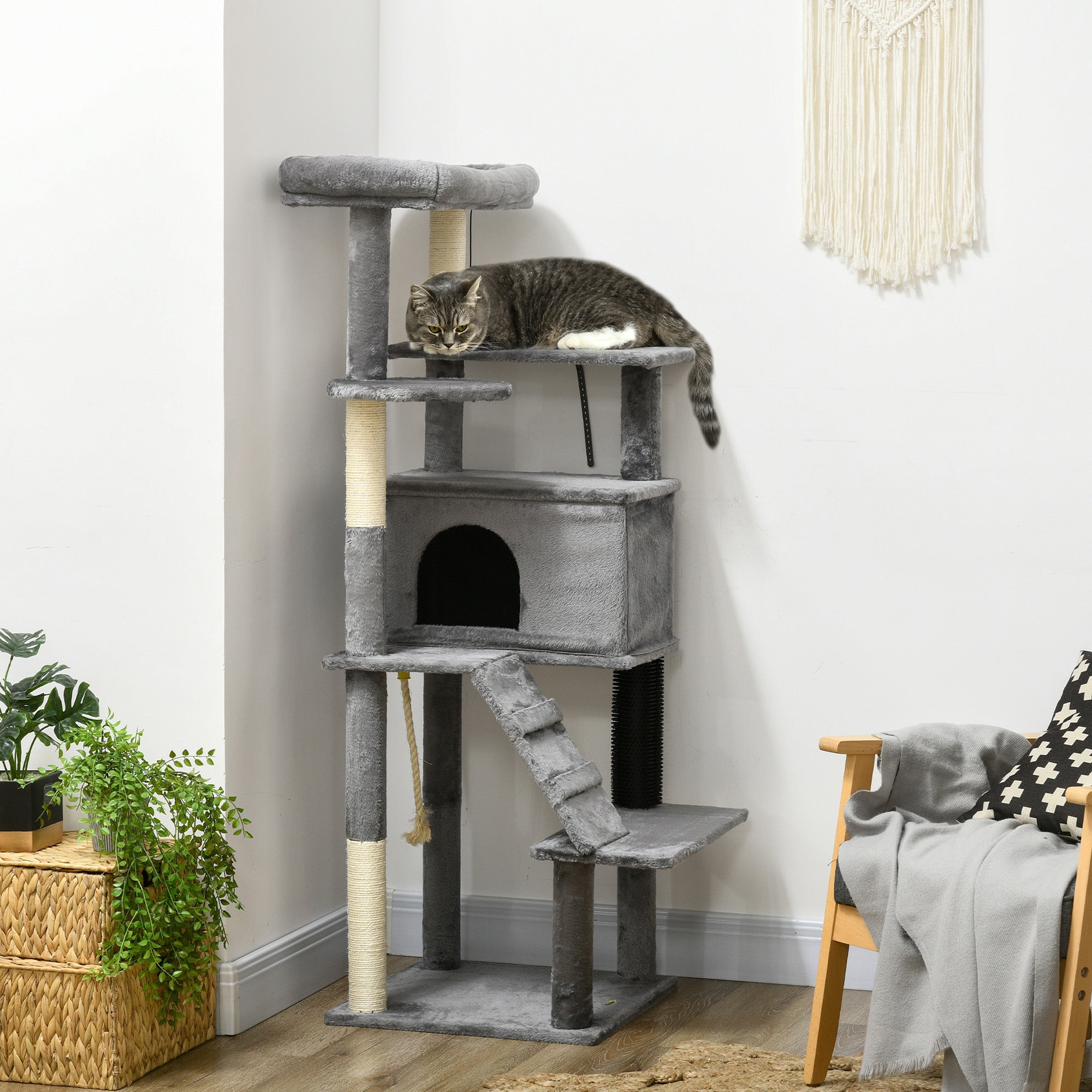 58" Multi-Level Cat Tree with Scratching Posts & Bed - Grey-Cats-DECOROLALA