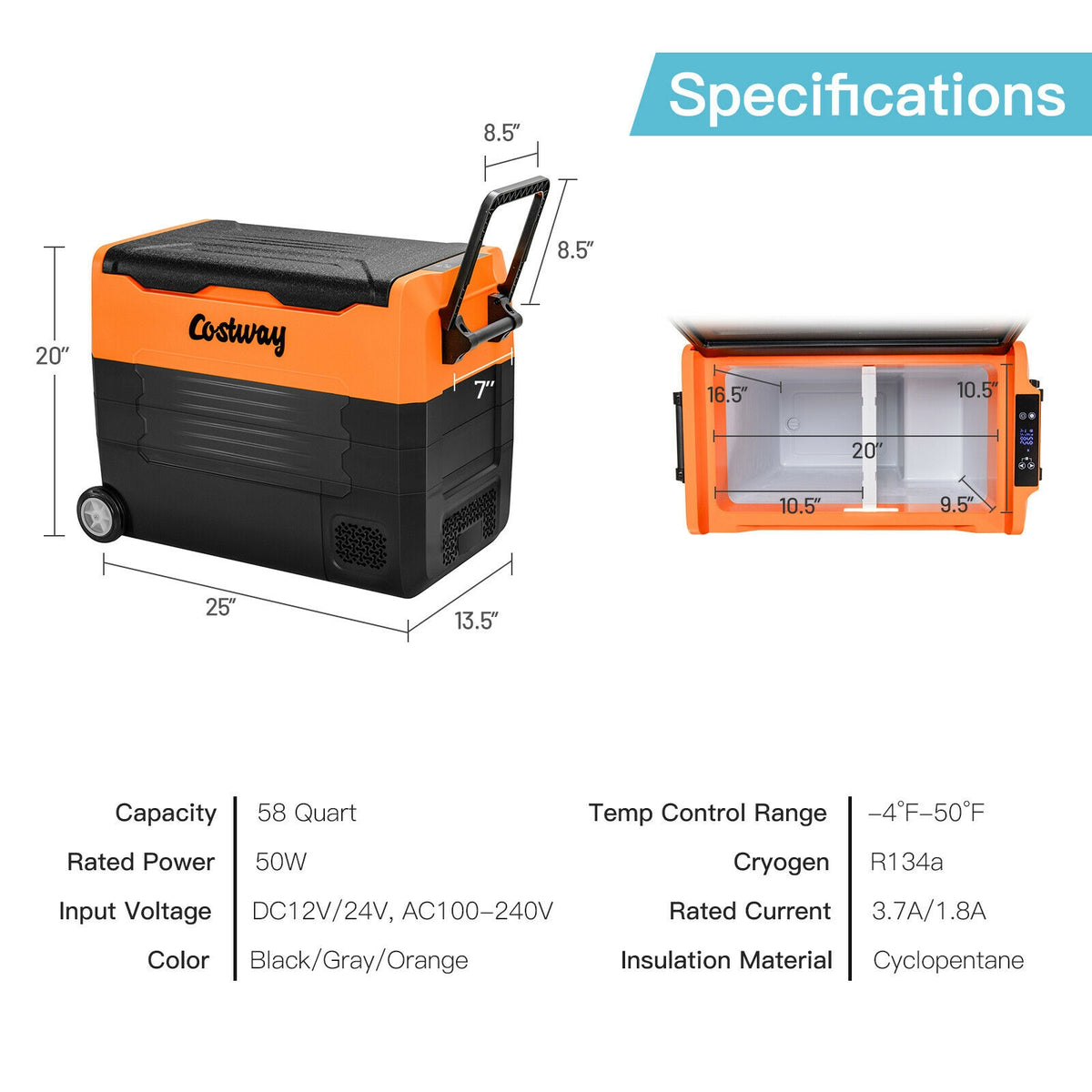 58 Quarts Car Refrigerator Portable RV Freezer Dual Zone with Wheel-Orange-Coolers-DECOROLALA