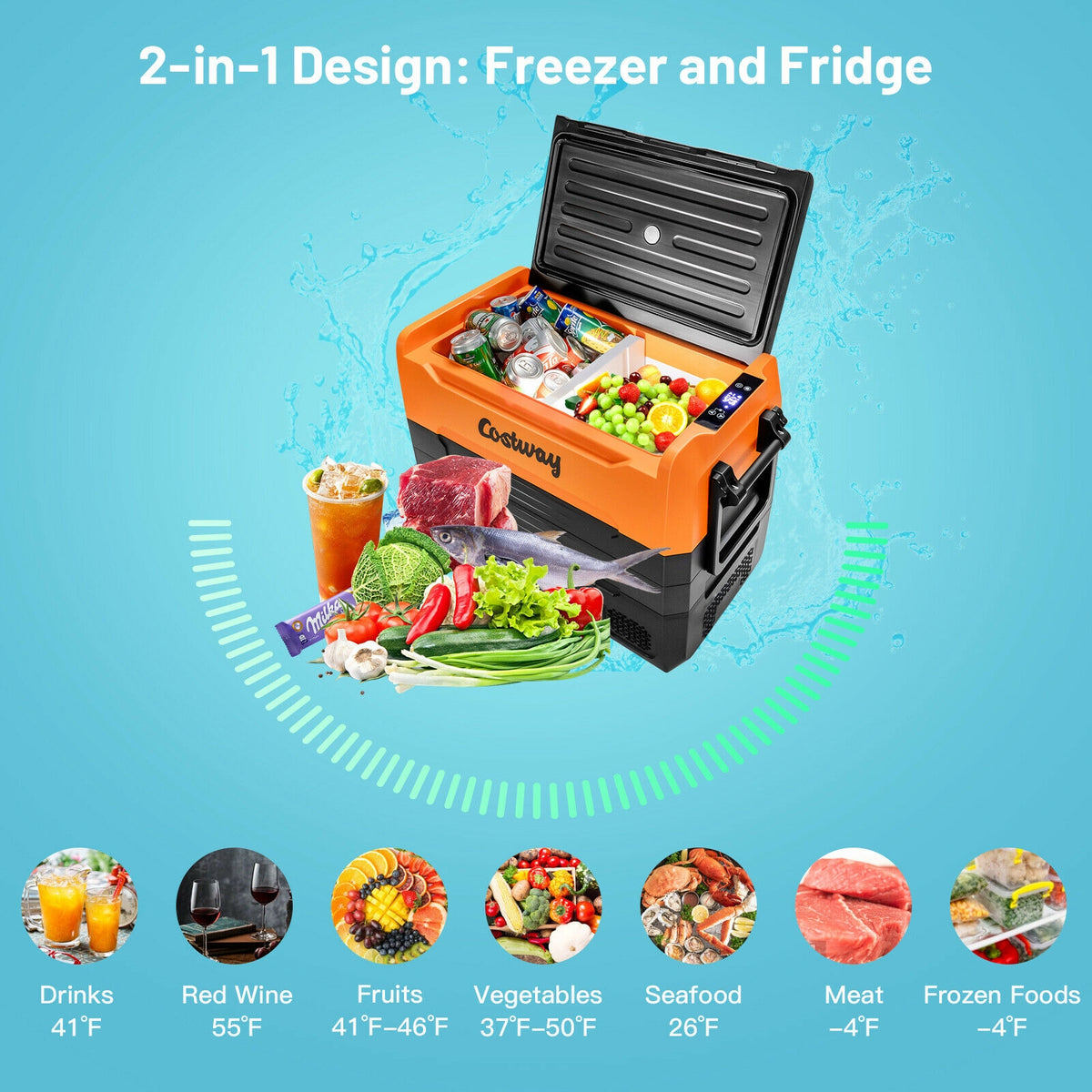 58 Quarts Car Refrigerator Portable RV Freezer Dual Zone with Wheel-Orange-Coolers-DECOROLALA