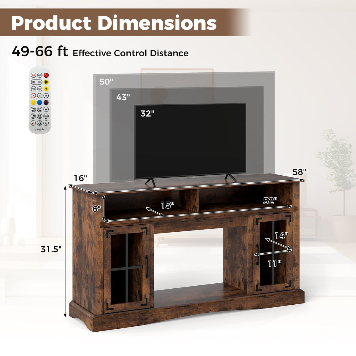 58" TV Stand with LED Lights and Remote - Rustic Brown-Entertainment Centers & TV Stands-DECOROLALA