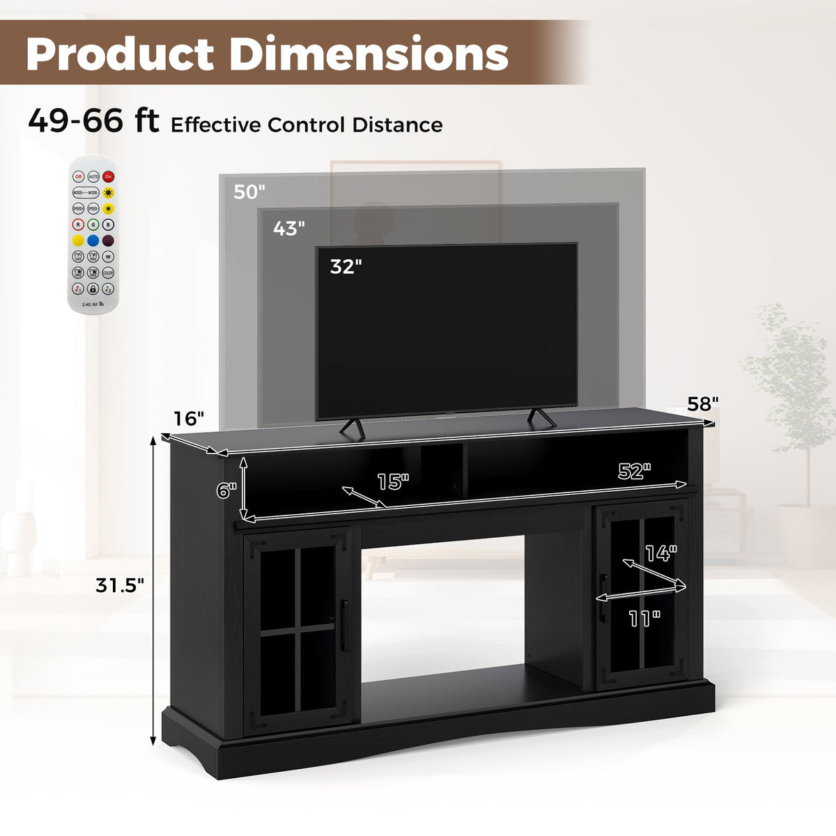 58" TV Stand with RGB LED Lights and Remote Control - Black-Entertainment Centers & TV Stands-DECOROLALA