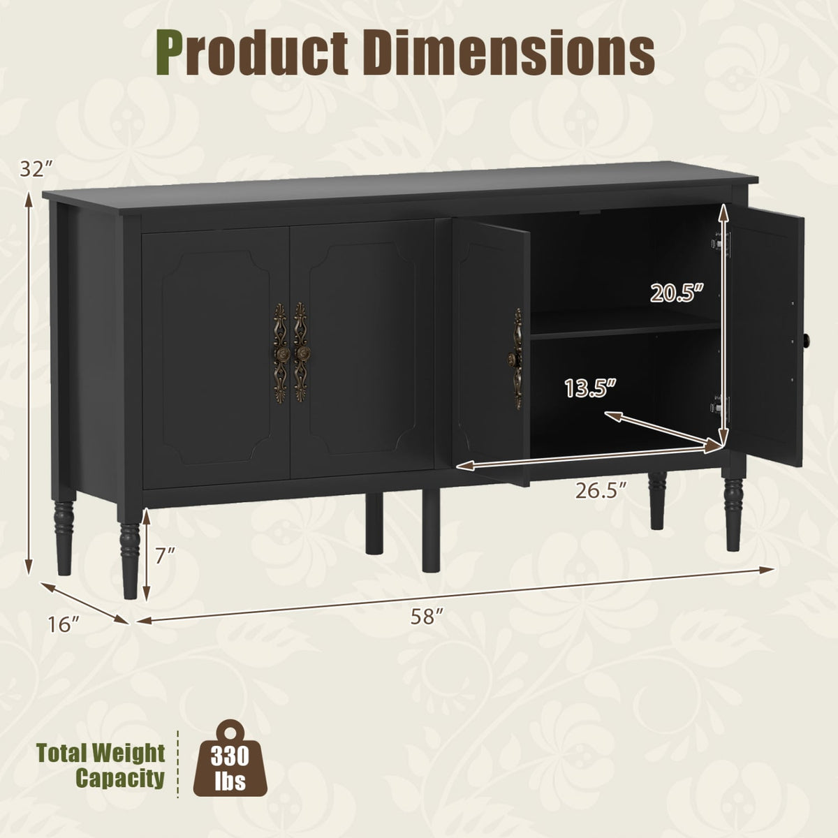 58" Vintage Buffet Cabinet with Pine Wood Legs and Adjustable Shelves for Kitchen-Black-Sideboards & Buffets-DECOROLALA
