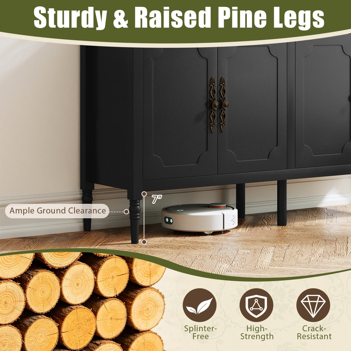 58" Vintage Buffet Cabinet with Pine Wood Legs and Adjustable Shelves for Kitchen-Black-Sideboards & Buffets-DECOROLALA