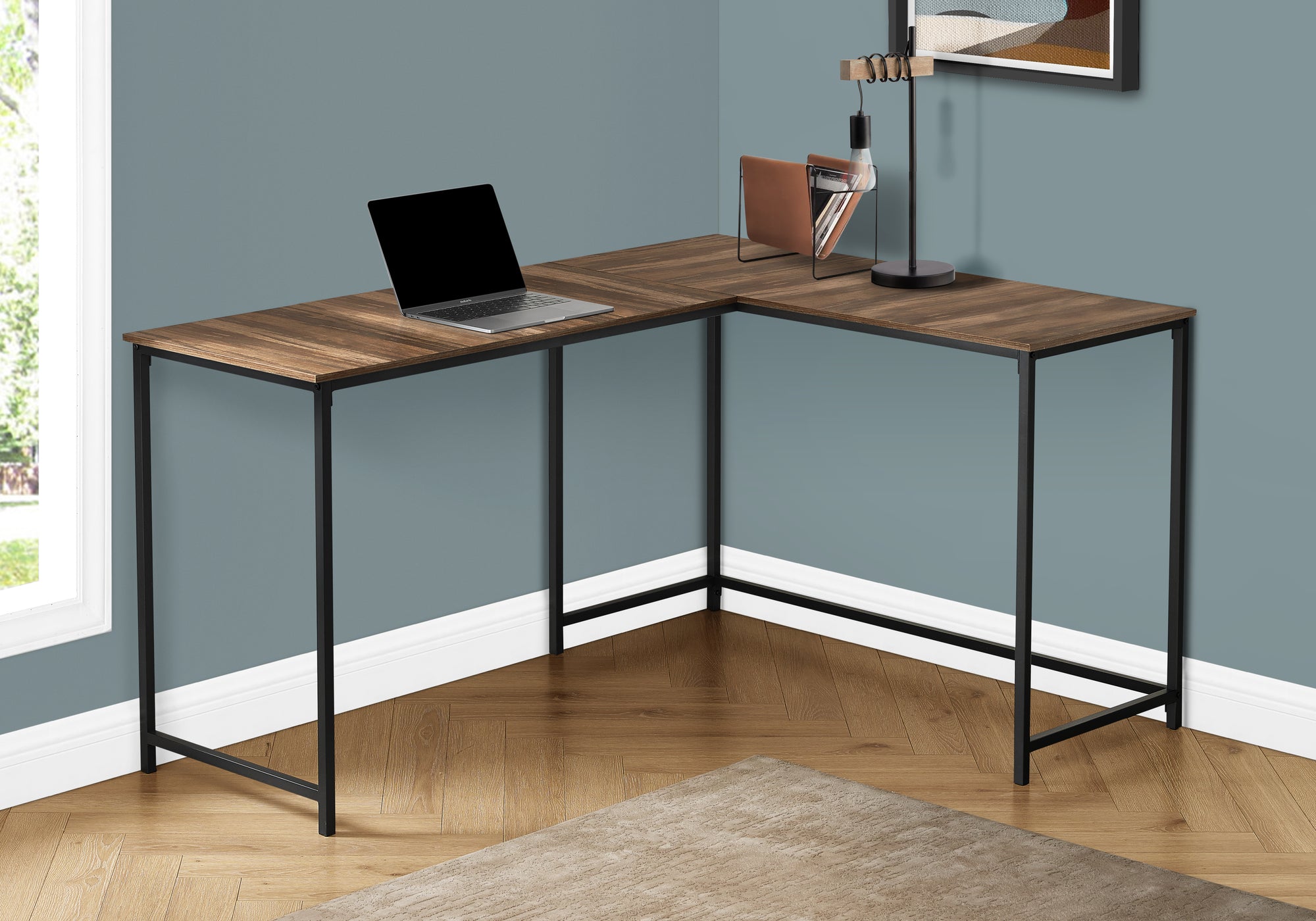 58"L Corner Computer Desk, Espresso Top, Black Metal Base-Computer Desk-DECOROLALA