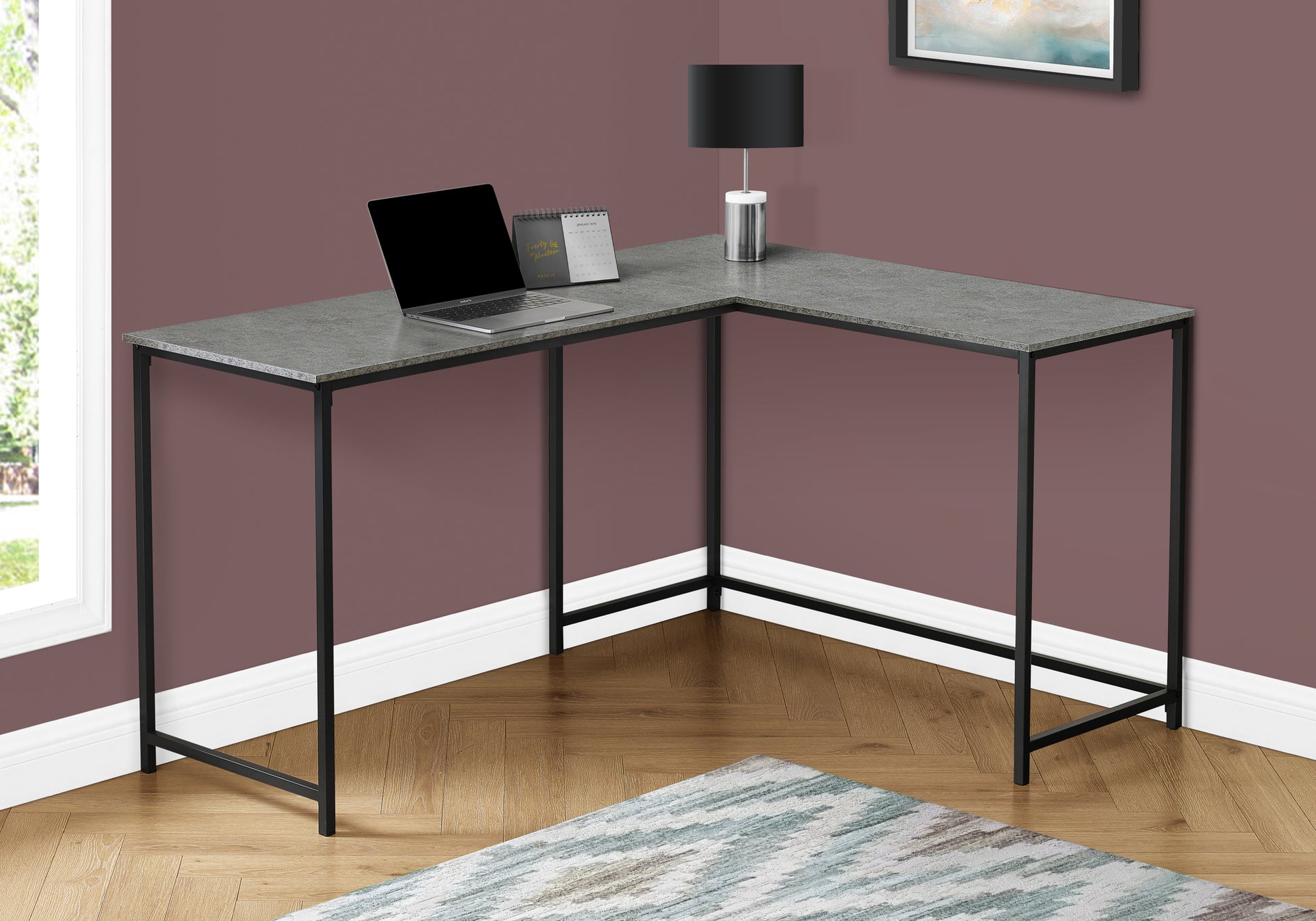 58"L Corner Computer Desk, Espresso Top, Black Metal Base-Computer Desk-DECOROLALA