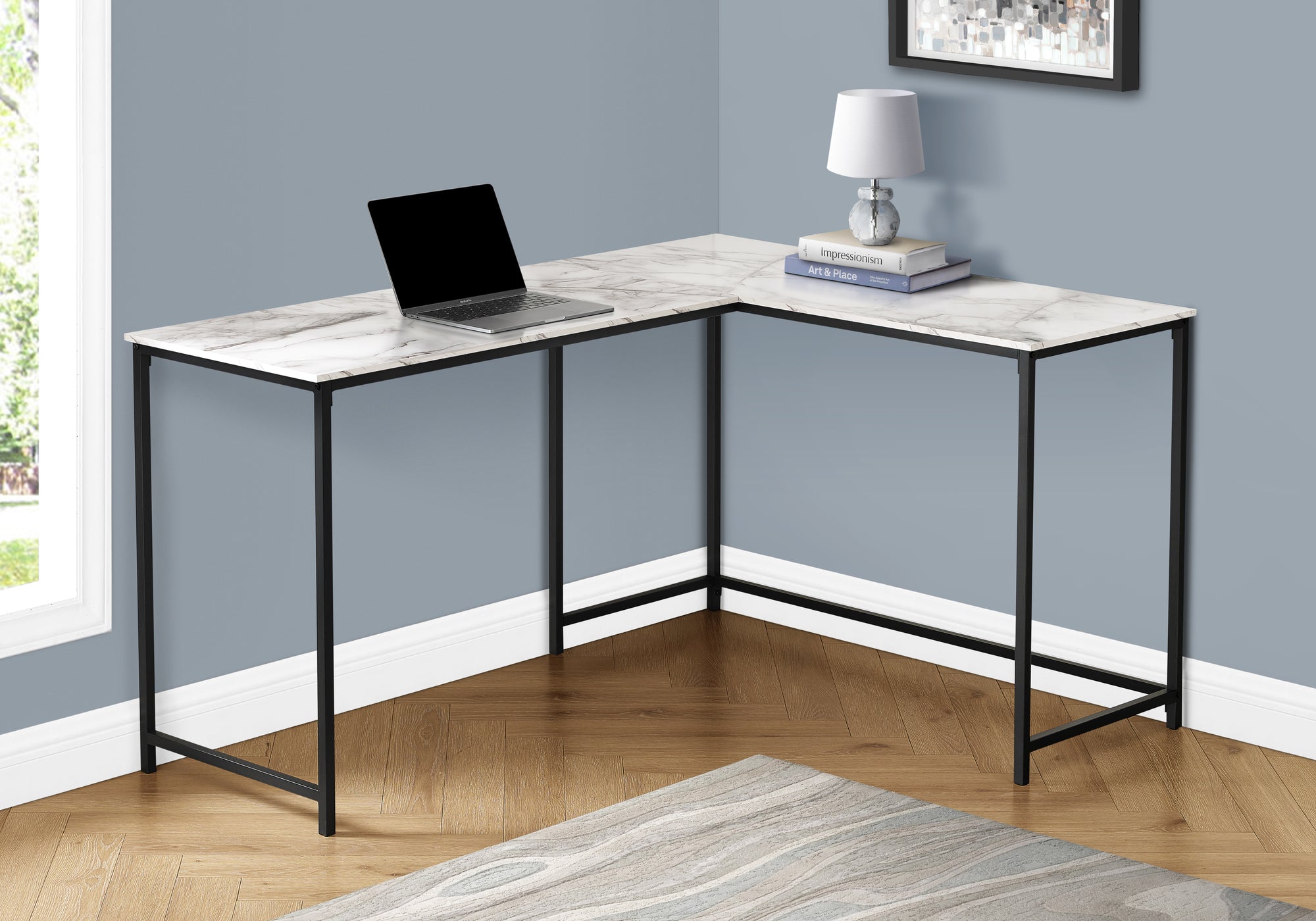 58"L Corner Computer Desk, Espresso Top, Black Metal Base-Computer Desk-DECOROLALA