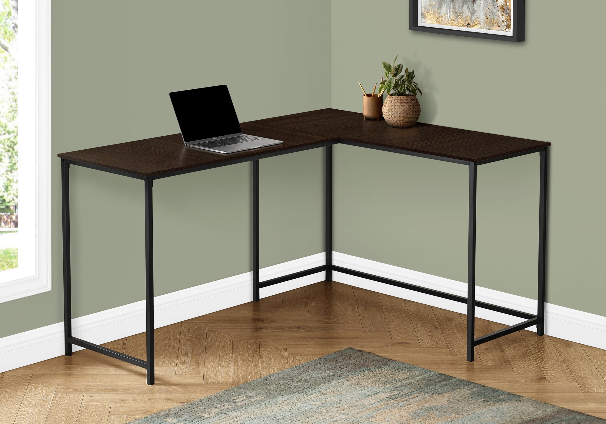 58"L Corner Computer Desk, Espresso Top, Black Metal Base-Computer Desk-DECOROLALA