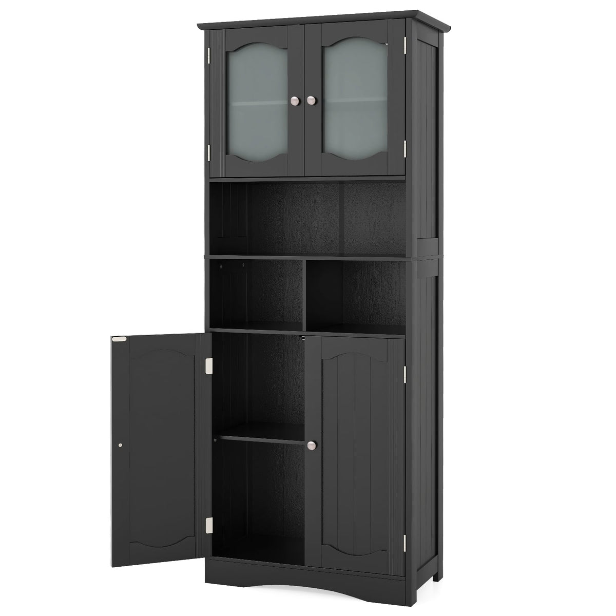 58.5" Freestanding Linen Cabinet with Frost Glass Doors - Black-Floor Cabinets-DECOROLALA