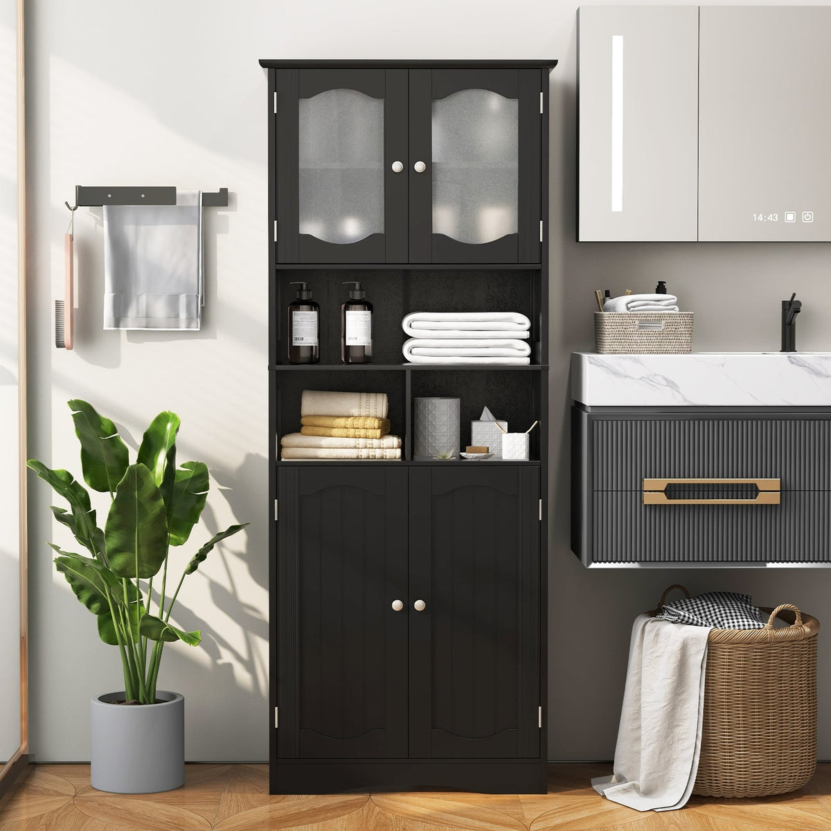58.5" Freestanding Linen Cabinet with Frost Glass Doors - Black-Floor Cabinets-DECOROLALA